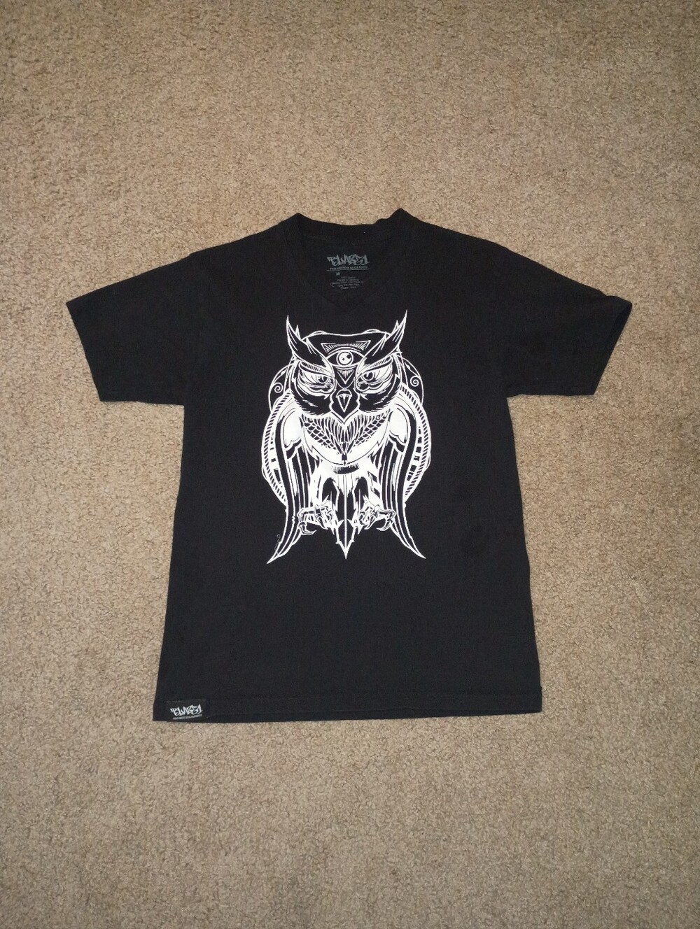 Blaze 1 Mens Medium Black V-Neck Short Sleeve Graphic Owl Cotton Knit T-Shirt